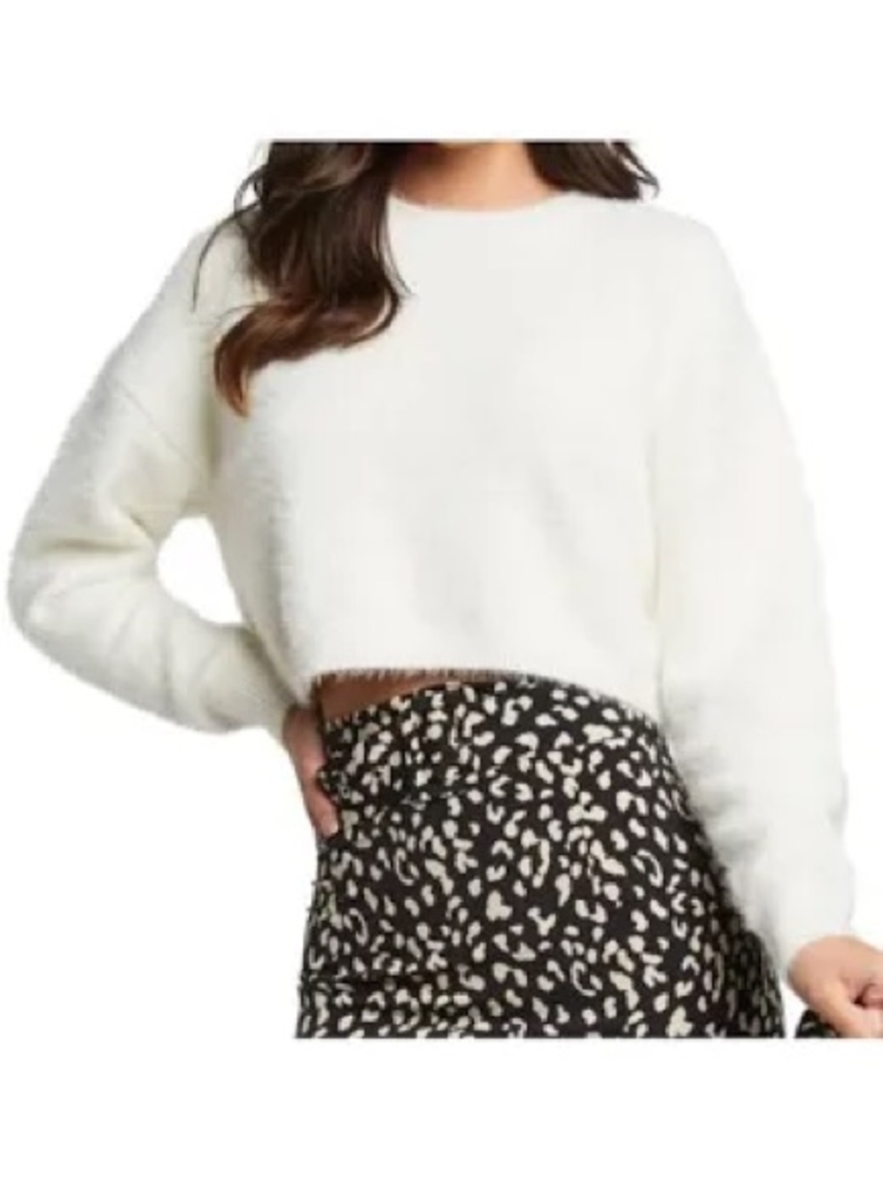 Bardot Cozy White Cropped Fuzzy Sweater